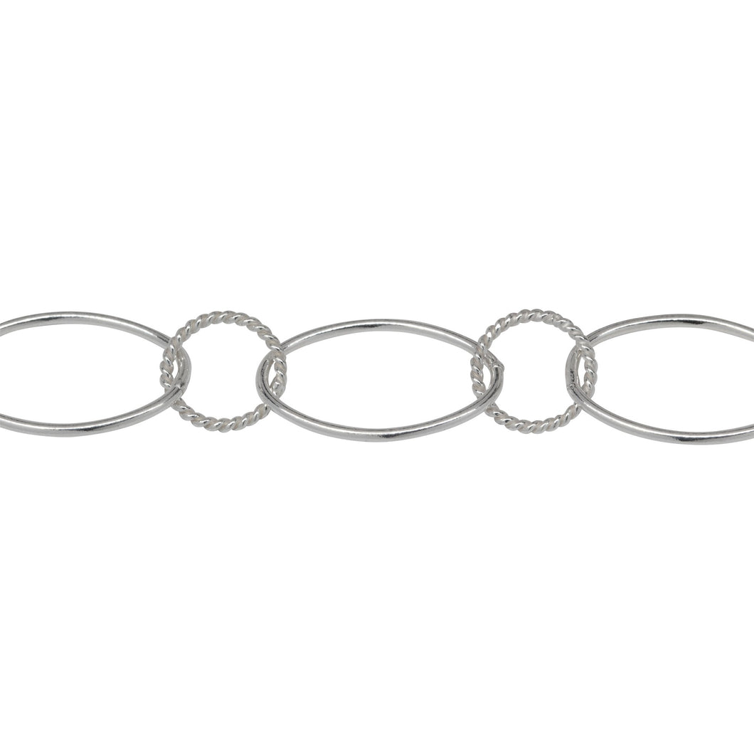 Chain by Foot. Sterling Silver 10.2mm Width by 16.2mm Smooth Oval Link Connected to 8.2mm Twisted Circle Link, Long and Short Chain. Price per: 1 Foot.