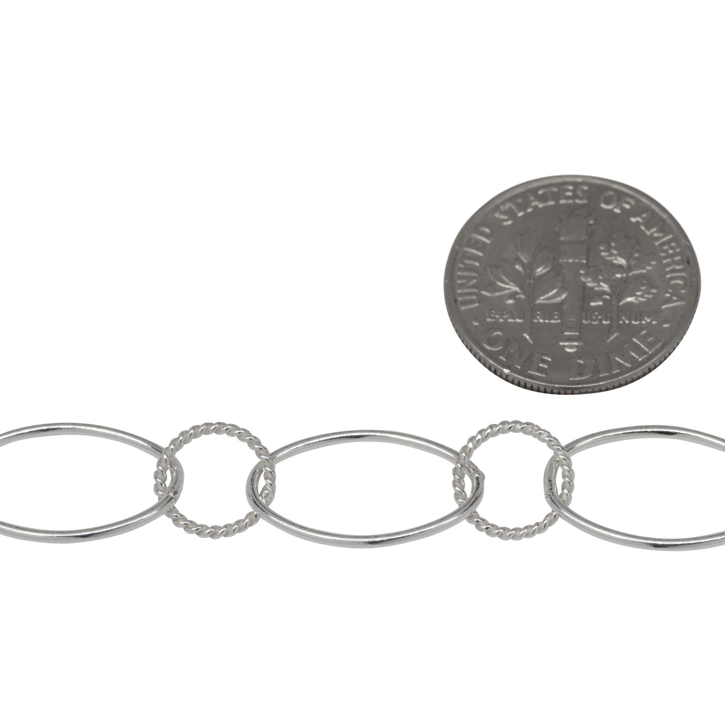 Sterling Silver 10.2mm Width by 16.2mm Smooth Oval Link Connected to 8.2mm Twisted Circle Link, Long and Short Chain. Price per: 1 Foot.