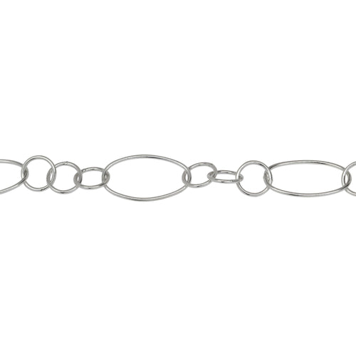 Chain by Foot. Sterling Silver 11.0mm Width by 20.0mm Length Smooth Oval Link Connected to Three of 8.0mm Smooth Circle Links, Long and Short Chain. Price per: 1 Foot.