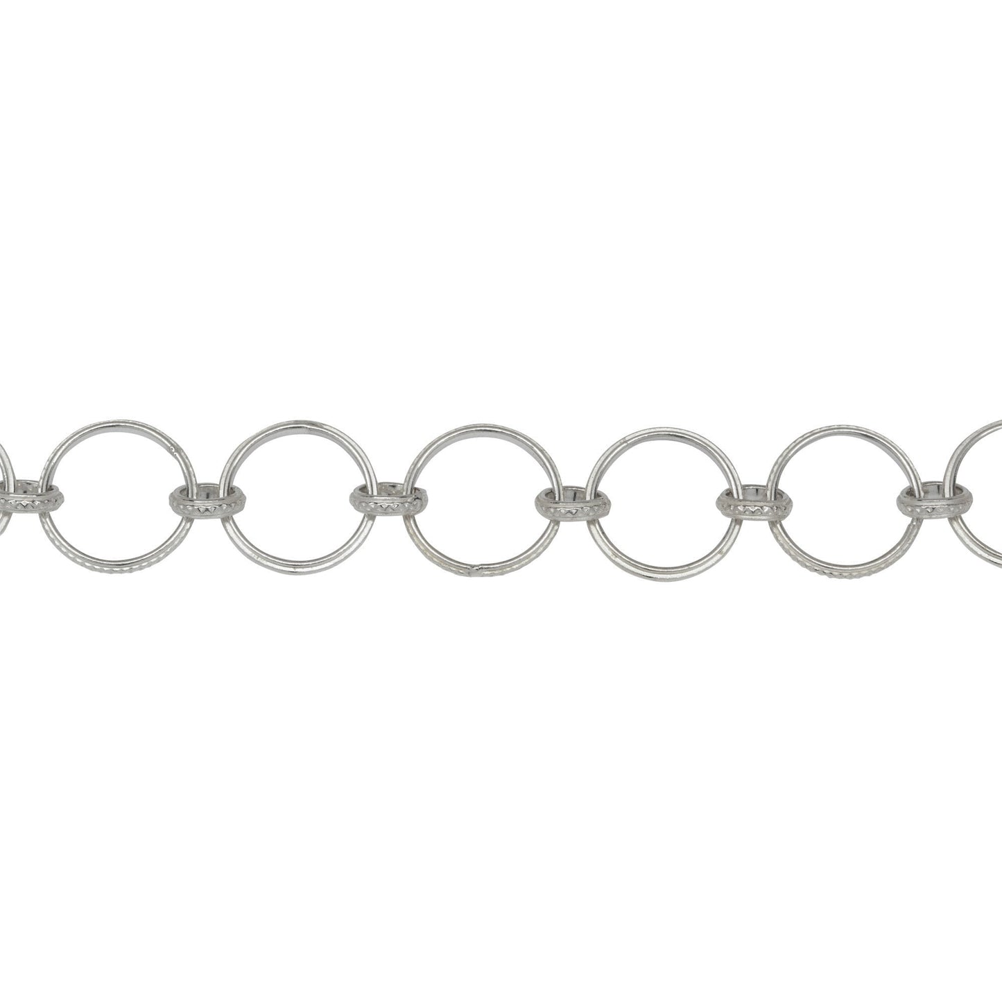 Chain by Foot. Sterling Silver Two of 12.4mm Larger Textured Circle Links Connected to 6.2mm Smaller Textured Circle Link, Fancy Circle Chain. Price per: 1 Foot.