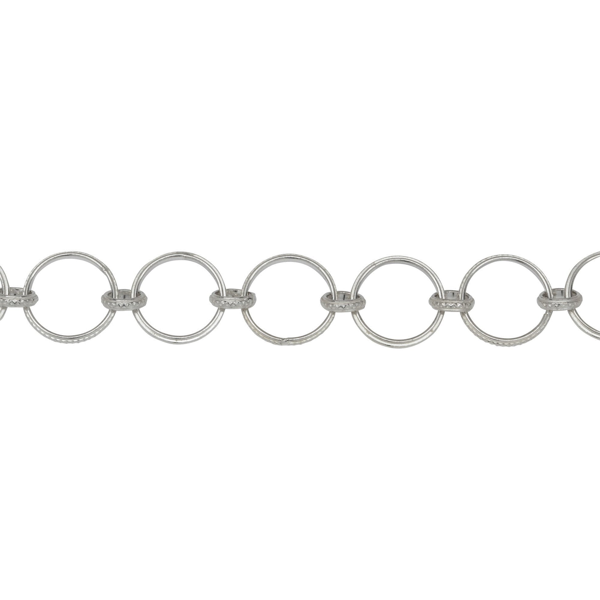 Chain by Foot. Sterling Silver Two of 12.4mm Larger Textured Circle Links Connected to 6.2mm Smaller Textured Circle Link, Fancy Circle Chain. Price per: 1 Foot.
