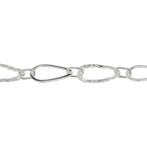 Chain by Foot. Sterling Silver 11.0mm Width by 17.0mm Length Flat and Hammered Pear Shaped Links Connected by 4.2mm Width by 7.3mm Length Elongated Oval Link, Long and Short Chain. Price per: 1 Foot.