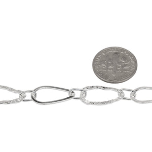 Sterling Silver 11.0mm Width by 17.0mm Length Flat and Hammered Pear Shaped Links Connected by 4.2mm Width by 7.3mm Length Elongated Oval Link, Long and Short Chain. Price per: 1 Foot.