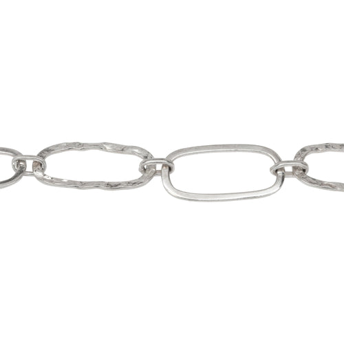 Chain by Foot. Sterling Silver 10.0mm Width by 21.0mm Length Flat and Hammered Rectangular Links Connected to 3.4mm Width by 6.0mm Length Small Oval Links, Long and Short Chain. Price per: 1 Foot.