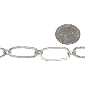 Sterling Silver 10.0mm Width by 21.0mm Length Flat and Hammered Rectangular Links Connected to 3.4mm Width by 6.0mm Length Small Oval Links, Long and Short Chain. Price per: 1 Foot.