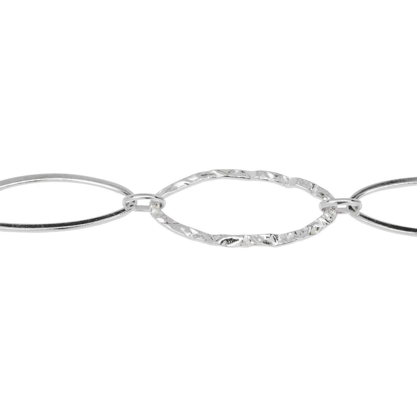 Chain by Foot. Sterling Silver 12.5mm Width by 26.0mm Length Flat and Hammered Long Oval Links Connected to 3.8mm Width by 6.0mm Length Smaller Oval Links, Long and Short Chain. Price per: 1 Foot.