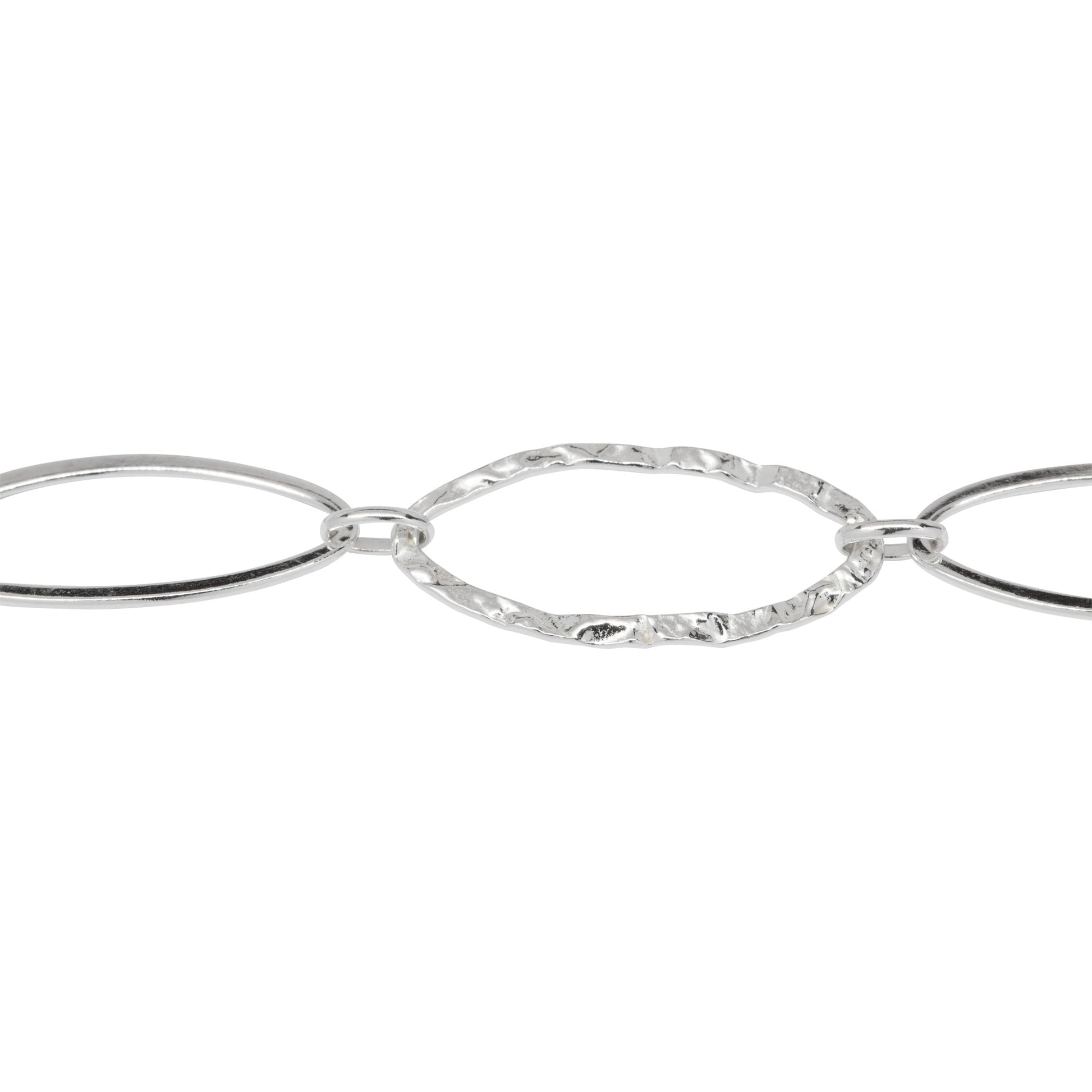 Chain by Foot. Sterling Silver 12.5mm Width by 26.0mm Length Flat and Hammered Long Oval Links Connected to 3.8mm Width by 6.0mm Length Smaller Oval Links, Long and Short Chain. Price per: 1 Foot.