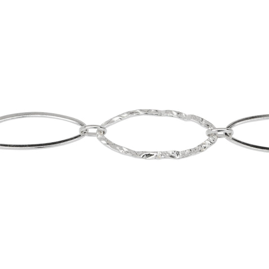Chain by Foot. Sterling Silver 12.5mm Width by 26.0mm Length Flat and Hammered Long Oval Links Connected to 3.8mm Width by 6.0mm Length Smaller Oval Links, Long and Short Chain. Price per: 1 Foot.