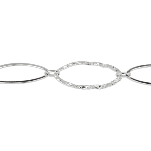 Chain by Foot. Sterling Silver 12.5mm Width by 26.0mm Length Flat and Hammered Long Oval Links Connected to 3.8mm Width by 6.0mm Length Smaller Oval Links, Long and Short Chain. Price per: 1 Foot.