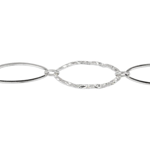 Chain by Foot. Sterling Silver 12.5mm Width by 26.0mm Length Flat and Hammered Long Oval Links Connected to 3.8mm Width by 6.0mm Length Smaller Oval Links, Long and Short Chain. Price per: 1 Foot.