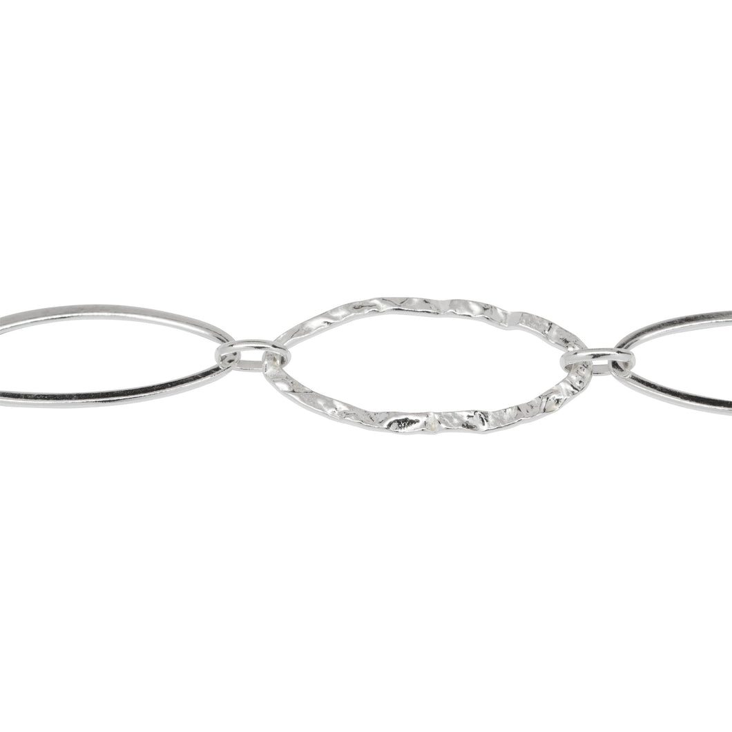 Chain by Foot. Sterling Silver 12.5mm Width by 26.0mm Length Flat and Hammered Long Oval Links Connected to 3.8mm Width by 6.0mm Length Smaller Oval Links, Long and Short Chain. Price per: 1 Foot.