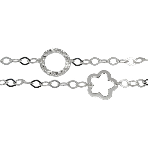 Chain by Foot. Sterling Silver 17.7mm Width / Length Hammered Circle Link and 17.5mm Width / Length Flat Flower Link Connected by Seven of 5.0mm Width by 7.3mm Length Flat Diamond Shaped Links, Fancy Chain. Price per: 1 Foot.