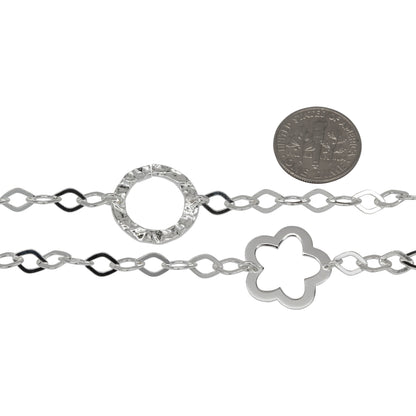 Sterling Silver 17.7mm Width / Length Hammered Circle Link and 17.5mm Width / Length Flat Flower Link Connected by Seven of 5.0mm Width by 7.3mm Length Flat Diamond Shaped Links, Fancy Chain. Price per: 1 Foot.
