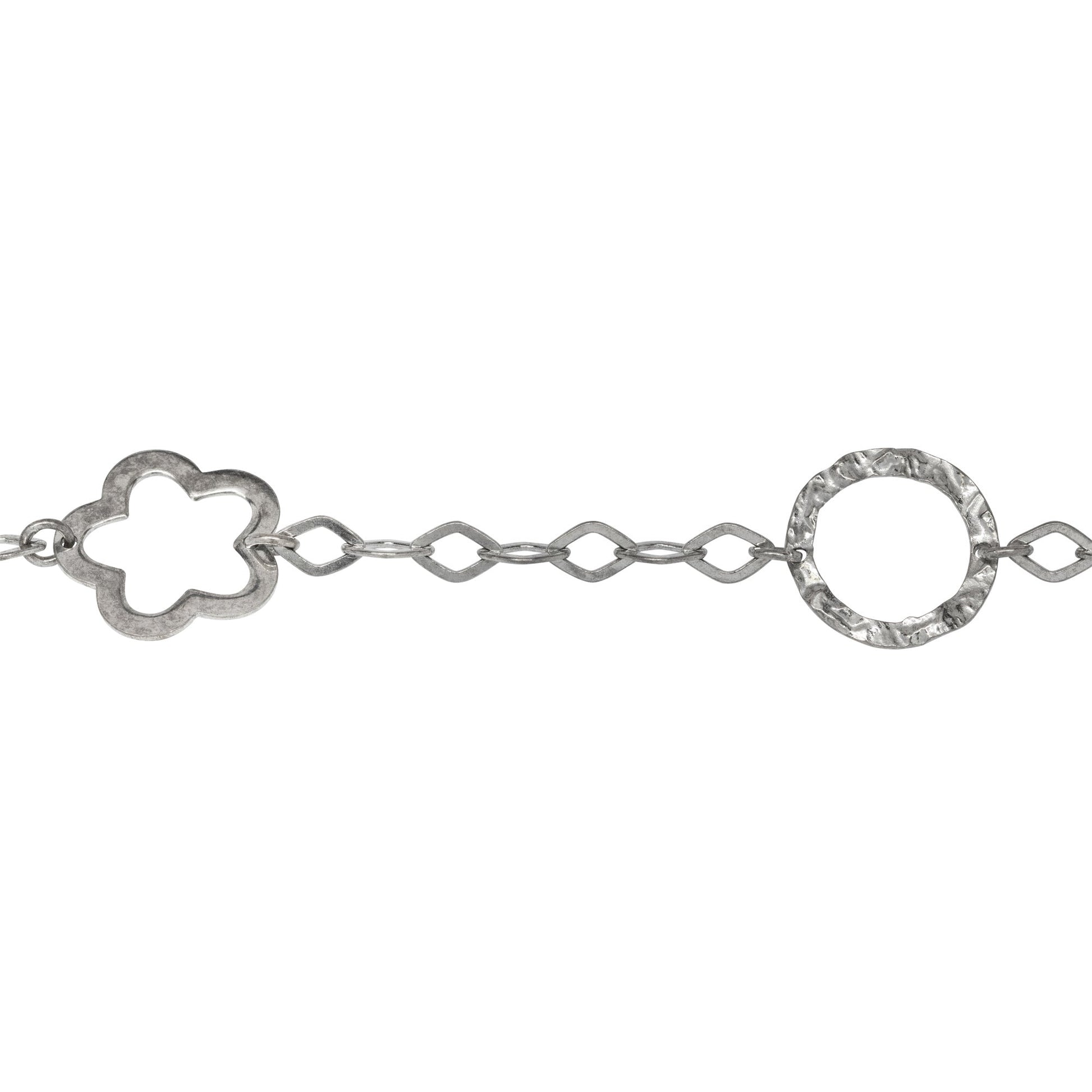 Chain by Foot. Sterling Silver Oxidized 17.7mm Width / Length Hammered Circle Link and 17.5mm Width / Length Flat Flower Link Connected by Seven of 5.0mm Width by 7.3mm Length Flat Diamond Shaped Links, Fancy Chain. Price per: 1 Foot.