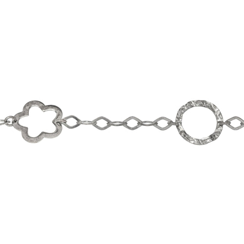 Chain by Foot. Sterling Silver Oxidized 17.7mm Width / Length Hammered Circle Link and 17.5mm Width / Length Flat Flower Link Connected by Seven of 5.0mm Width by 7.3mm Length Flat Diamond Shaped Links, Fancy Chain. Price per: 1 Foot.