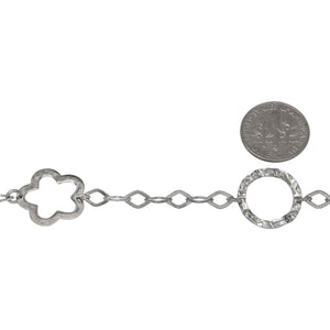 Sterling Silver Oxidized 17.7mm Width / Length Hammered Circle Link and 17.5mm Width / Length Flat Flower Link Connected by Seven of 5.0mm Width by 7.3mm Length Flat Diamond Shaped Links, Fancy Chain. Price per: 1 Foot.