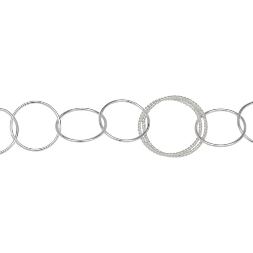 Chain by Foot. Sterling Silver Double 21.0mm Width / Length Twisted Circle Links connected to Six of 17.0mm Width / Length Smooth Circle Links, Circle Chain. Price Per: 1 Foot.