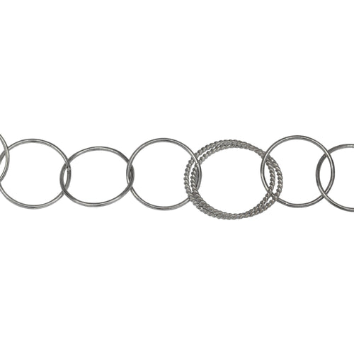 Chain by Foot. Sterling Silver Oxidized Double 21.0mm Width / Length Twisted Circle Links connected to Six of 17.0mm Width / Length Smooth Circle Links, Circle Chain. Price Per: 1 Foot.