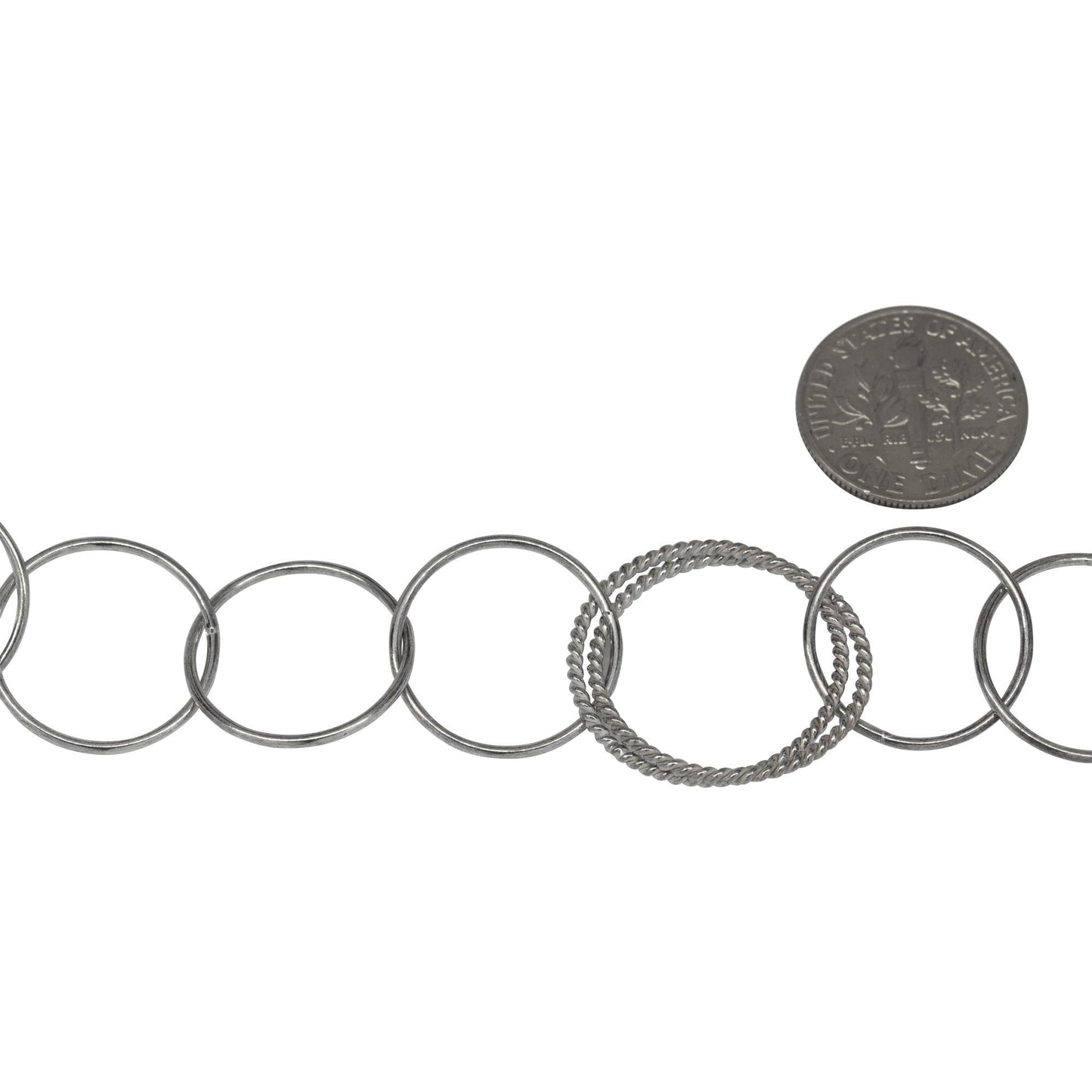 Sterling Silver Oxidized Double 21.0mm Width / Length Twisted Circle Links connected to Six of 17.0mm Width / Length Smooth Circle Links, Circle Chain. Price Per: 1 Foot.