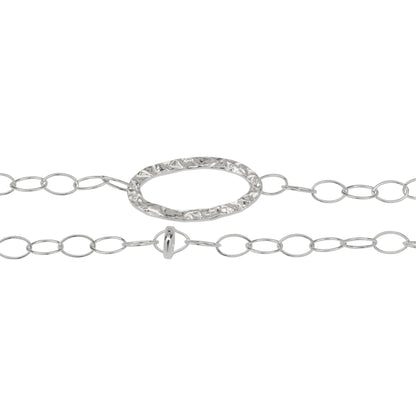 Chain by Foot. Sterling Silver 15.0mm Width by 28.0mm Length Hammered Long Oval Link Connected to Seventeen of 5.0mm Width by 7.8mm Length Smaller Smooth Oval Links with 6.6mm Width / Length Beaded Link on the Cable Chain. Price per: 1 Foot.