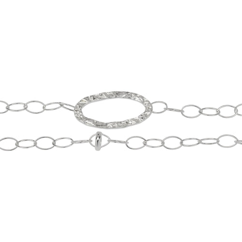 Chain by Foot. Sterling Silver 15.0mm Width by 28.0mm Length Hammered Long Oval Link Connected to Seventeen of 5.0mm Width by 7.8mm Length Smaller Smooth Oval Links with 6.6mm Width / Length Beaded Link on the Cable Chain. Price per: 1 Foot.