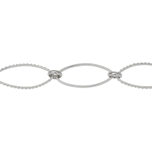 Chain by Foot. Sterling Silver 11.3mm Width by 25.0mm Length Smooth and Textured Long Oval Links Connected by 6.0mm Rolo Link, Long and Short Chain. Price per: 1 Foot.