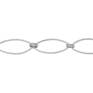 Chain by Foot. Sterling Silver 11.3mm Width by 25.0mm Length Smooth and Textured Long Oval Links Connected by 6.0mm Rolo Link, Long and Short Chain. Price per: 1 Foot.