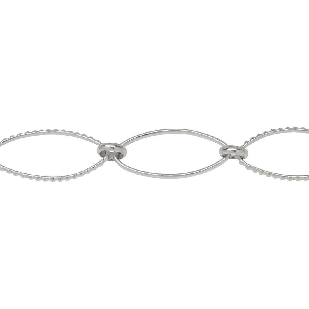 Chain by Foot. Sterling Silver 11.3mm Width by 25.0mm Length Smooth and Textured Long Oval Links Connected by 6.0mm Rolo Link, Long and Short Chain. Price per: 1 Foot.