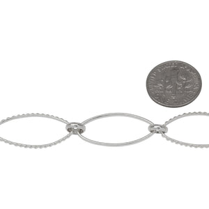 Sterling Silver 11.3mm Width by 25.0mm Length Smooth and Textured Long Oval Links Connected by 6.0mm Rolo Link, Long and Short Chain. Price per: 1 Foot.