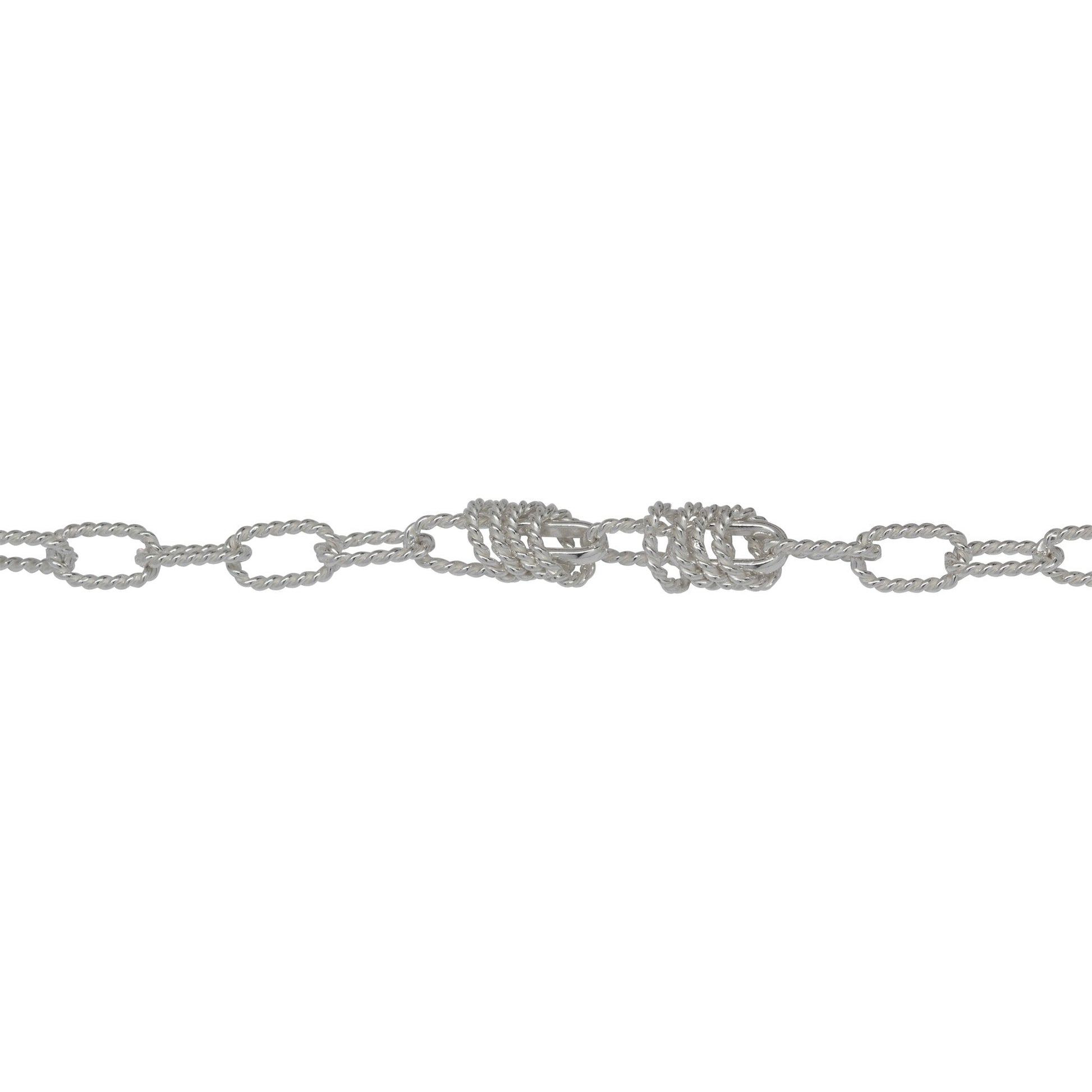 Chain by Foot. Sterling Silver Seven of 4.3mm Width by 7.3mm Length Twisted Rectangulars Connected to One of Smooth Rectangular with Four of 2.5mm Width by 5.5mm Length Twisted Circles hanging off Smooth Rectangular, Fancy Chain. Price per: 1 Foot.