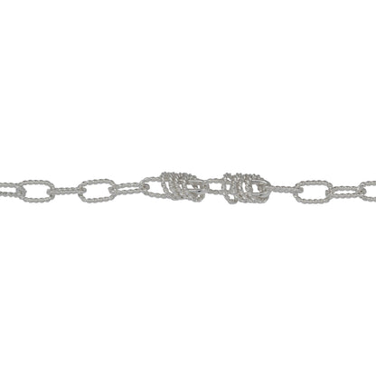 Chain by Foot. Sterling Silver Seven of 4.3mm Width by 7.3mm Length Twisted Rectangulars Connected to One of Smooth Rectangular with Four of 2.5mm Width by 5.5mm Length Twisted Circles hanging off Smooth Rectangular, Fancy Chain. Price per: 1 Foot.