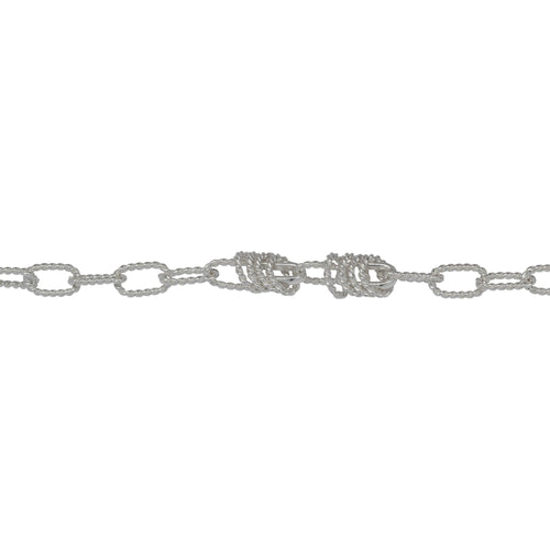 Chain by Foot. Sterling Silver Seven of 4.3mm Width by 7.3mm Length Twisted Rectangulars Connected to One of Smooth Rectangular with Four of 2.5mm Width by 5.5mm Length Twisted Circles hanging off Smooth Rectangular, Fancy Chain. Price per: 1 Foot.