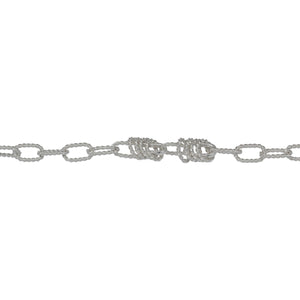 Chain by Foot. Sterling Silver Seven of 4.3mm Width by 7.3mm Length Twisted Rectangulars Connected to One of Smooth Rectangular with Four of 2.5mm Width by 5.5mm Length Twisted Circles hanging off Smooth Rectangular, Fancy Chain. Price per: 1 Foot.