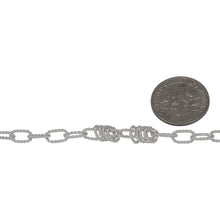 Load image into Gallery viewer, Sterling Silver Seven of 4.3mm Width by 7.3mm Length Twisted Rectangulars Connected to One of Smooth Rectangular with Four of 2.5mm Width by 5.5mm Length Twisted Circles hanging off Smooth Rectangular, Fancy Chain. Price per: 1 Foot.
