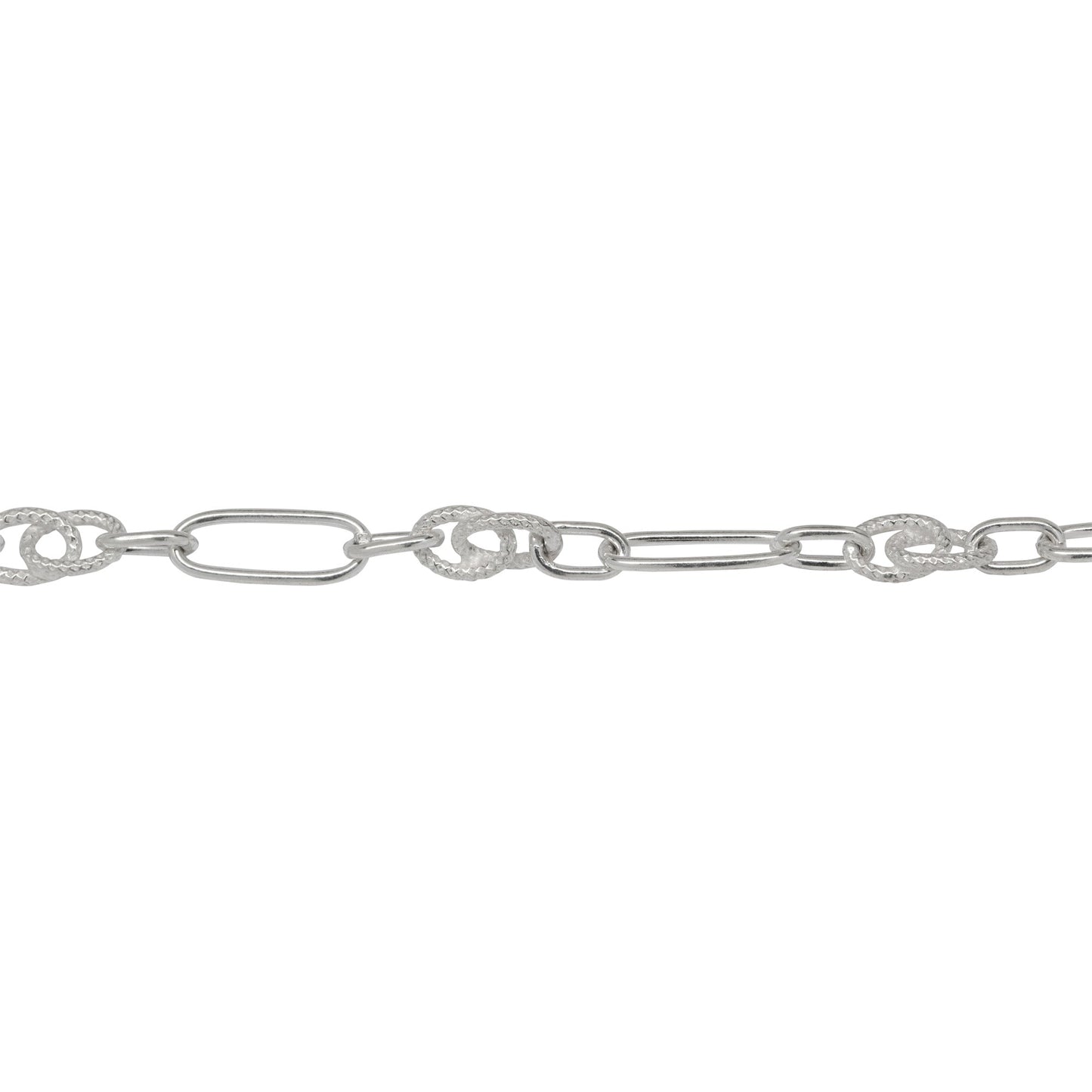 Chain by Foot. Sterling Silver 4.8mm Width by 12.4mm Length Elongated Oval Link With 3.5mm Width by 6.0mm Length Oval Link and 5.0mm by 10.0mm Textured Figure 8 Link, Fancy Chain. Price per: 1 Foot.
