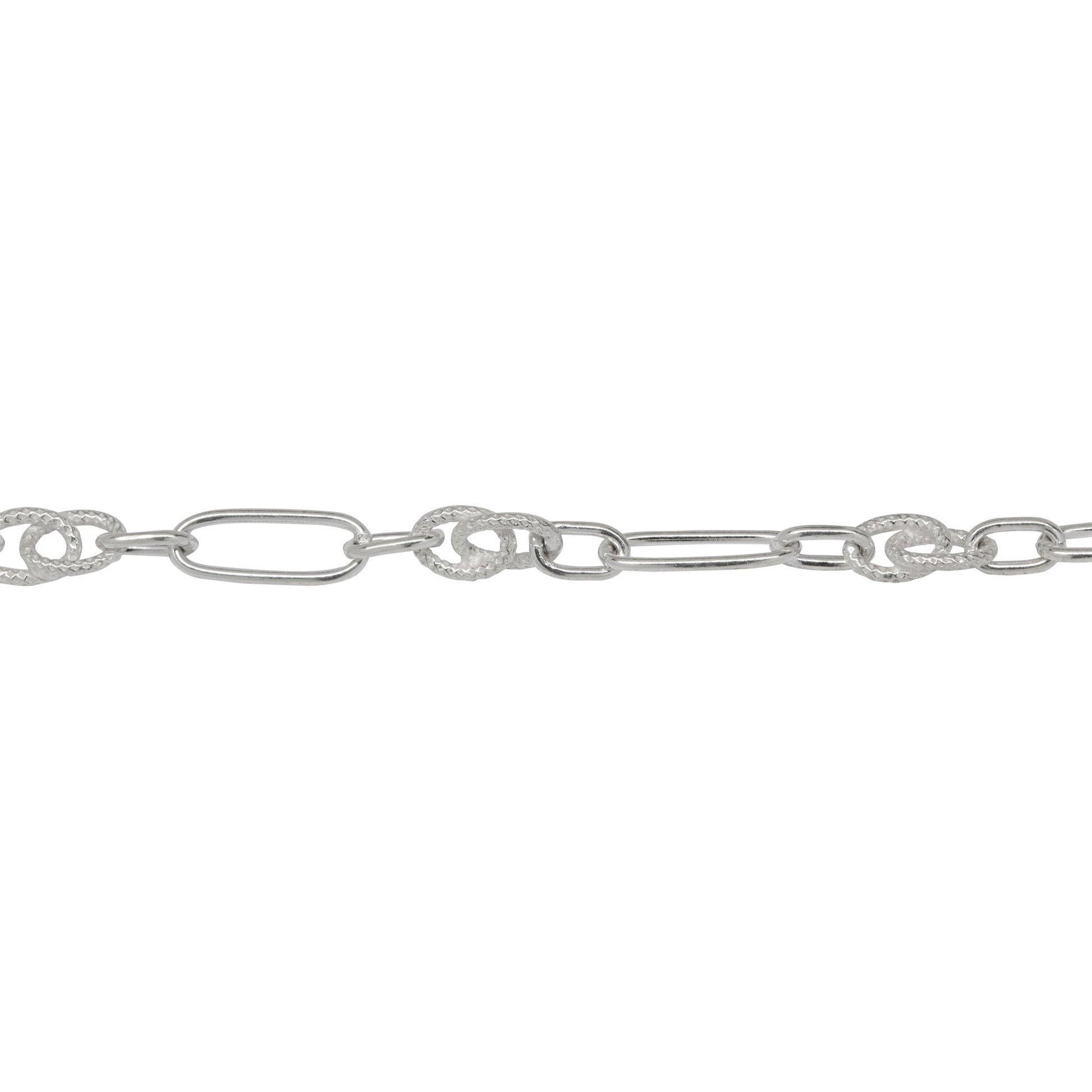 Chain by Foot. Sterling Silver 4.8mm Width by 12.4mm Length Elongated Oval Link With 3.5mm Width by 6.0mm Length Oval Link and 5.0mm by 10.0mm Textured Figure 8 Link, Fancy Chain. Price per: 1 Foot.
