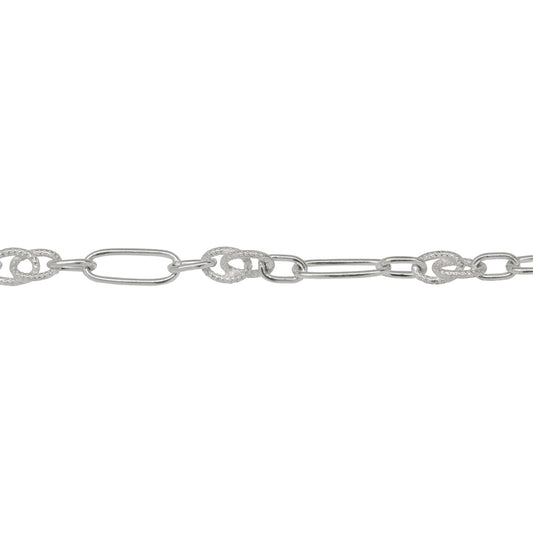 Chain by Foot. Sterling Silver 4.8mm Width by 12.4mm Length Elongated Oval Link With 3.5mm Width by 6.0mm Length Oval Link and 5.0mm by 10.0mm Textured Figure 8 Link, Fancy Chain. Price per: 1 Foot.