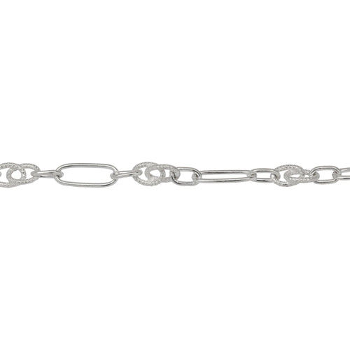 Chain by Foot. Sterling Silver 4.8mm Width by 12.4mm Length Elongated Oval Link With 3.5mm Width by 6.0mm Length Oval Link and 5.0mm by 10.0mm Textured Figure 8 Link, Fancy Chain. Price per: 1 Foot.