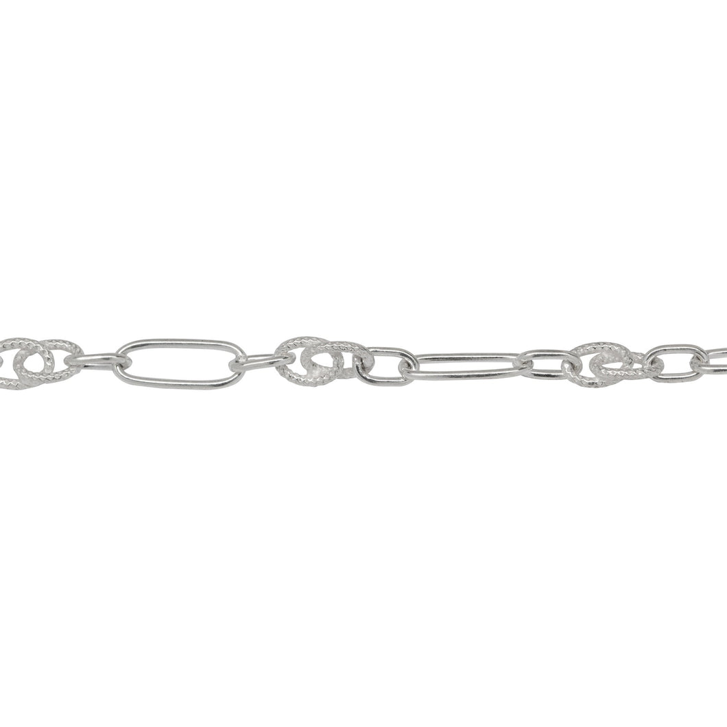 Chain by Foot. Sterling Silver 4.8mm Width by 12.4mm Length Elongated Oval Link With 3.5mm Width by 6.0mm Length Oval Link and 5.0mm by 10.0mm Textured Figure 8 Link, Fancy Chain. Price per: 1 Foot.