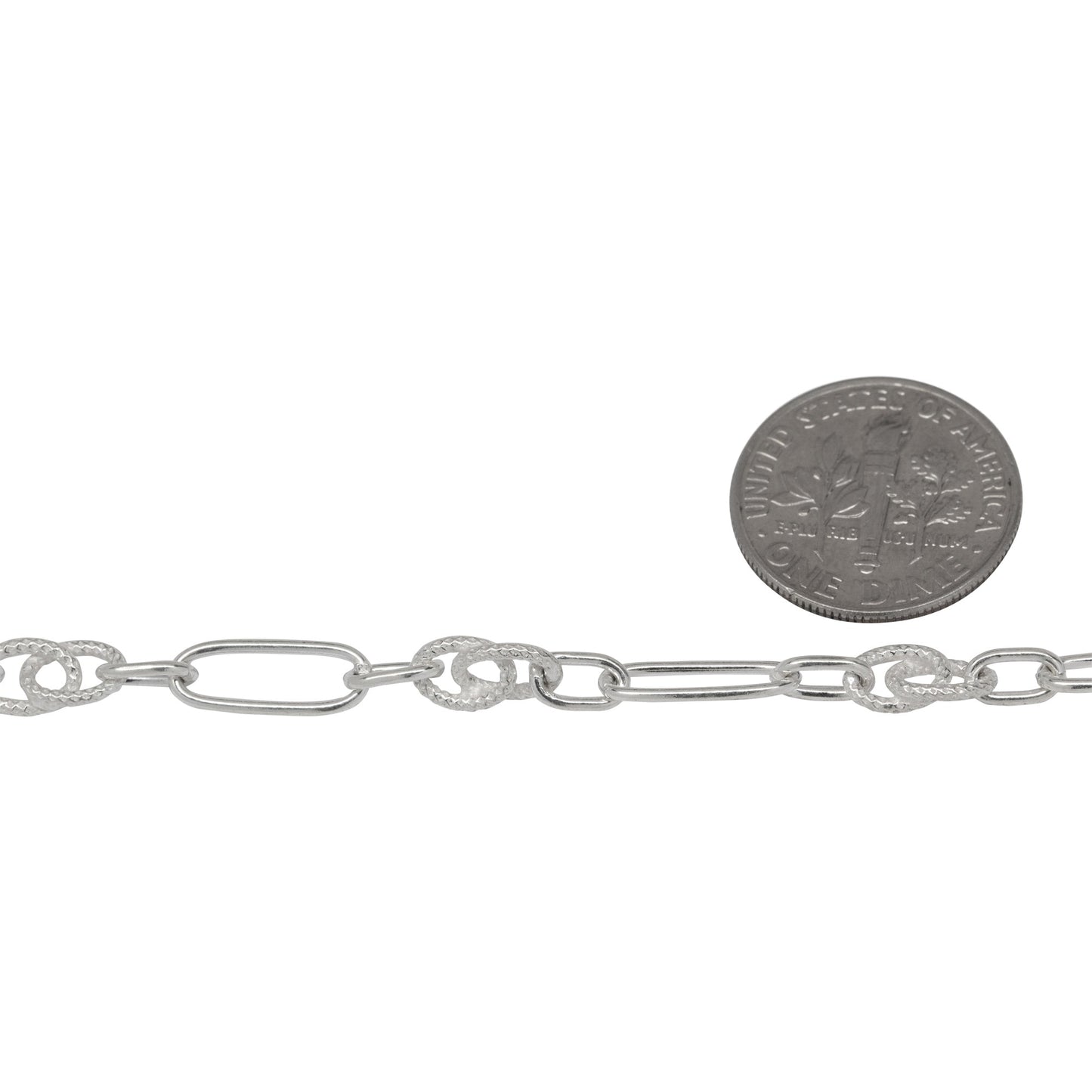 Sterling Silver 4.8mm Width by 12.4mm Length Elongated Oval Link With 3.5mm Width by 6.0mm Length Oval Link and 5.0mm by 10.0mm Textured Figure 8 Link, Fancy Chain. Price per: 1 Foot.