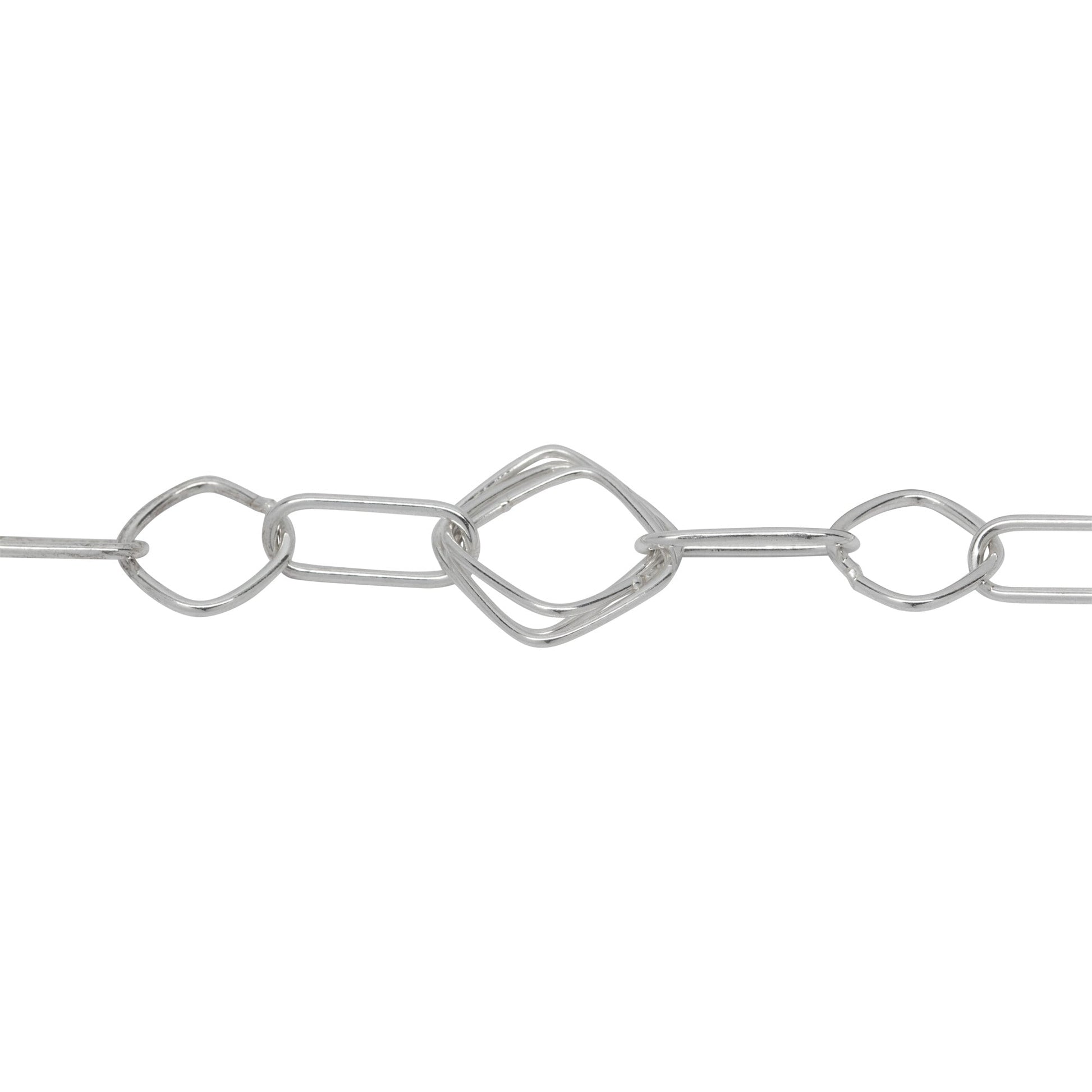 Chain by Foot. Sterling Silver Triple 14.0mm Width / Length Square Links Connected to One of 5.5mm Width by 13.0mm Length Elongated Oval Link and One of 10.0mm Width / Length Smaller Square Link, Fancy Chain. Price per: 1 Foot.