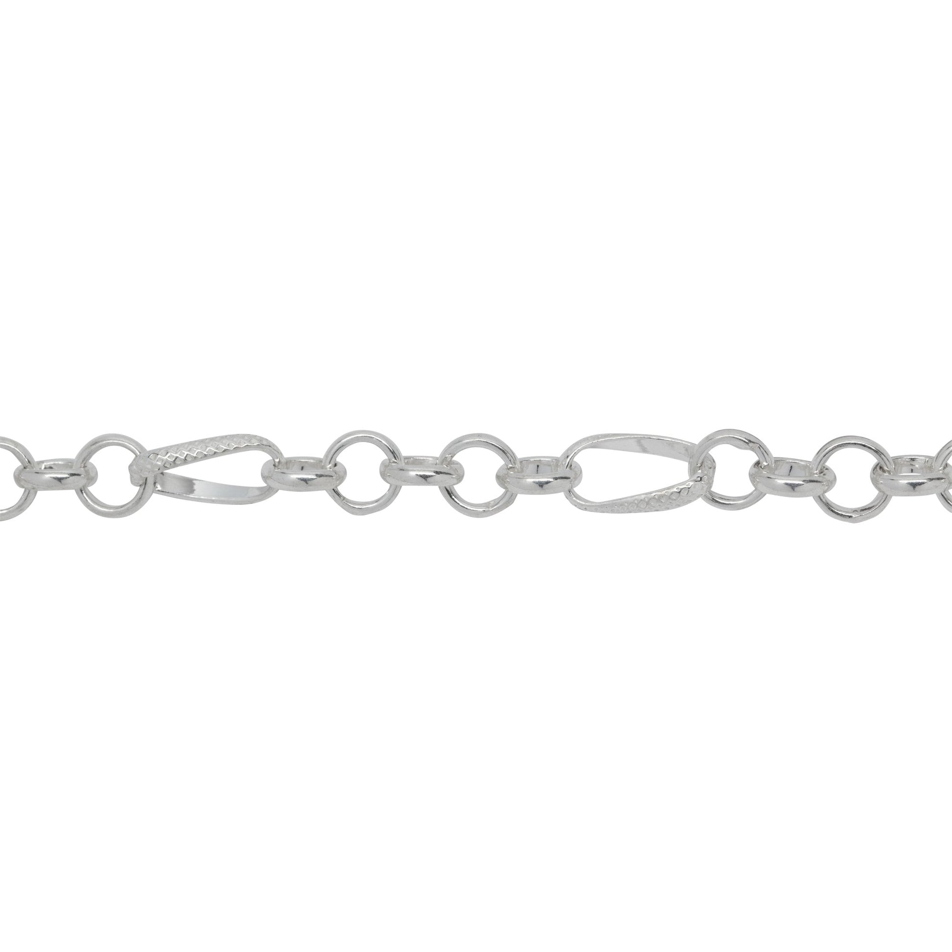 Chain by Foot. Sterling Silver Five of 6.0mm Width / Length Rolo Links Connected to One of 6.0mm Width by 10.8mm Length slightly Twisted Textured Oval Rolo Link, Rolo Chain. Price per: 1 Foot.