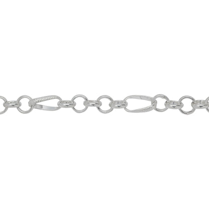 Chain by Foot. Sterling Silver Five of 6.0mm Width / Length Rolo Links Connected to One of 6.0mm Width by 10.8mm Length slightly Twisted Textured Oval Rolo Link, Rolo Chain. Price per: 1 Foot.