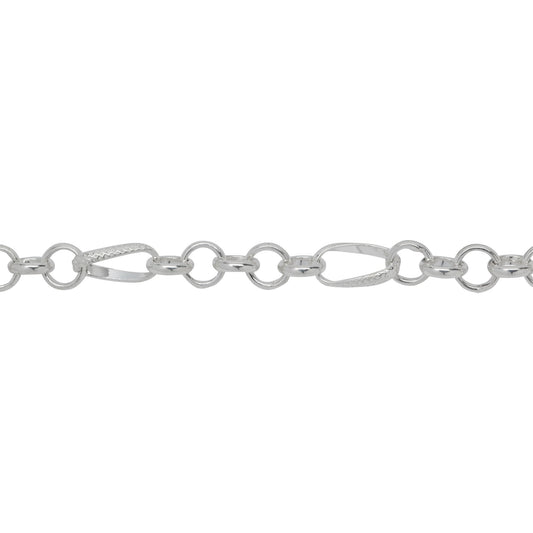 Chain by Foot. Sterling Silver Five of 6.0mm Width / Length Rolo Links Connected to One of 6.0mm Width by 10.8mm Length slightly Twisted Textured Oval Rolo Link, Rolo Chain. Price per: 1 Foot.