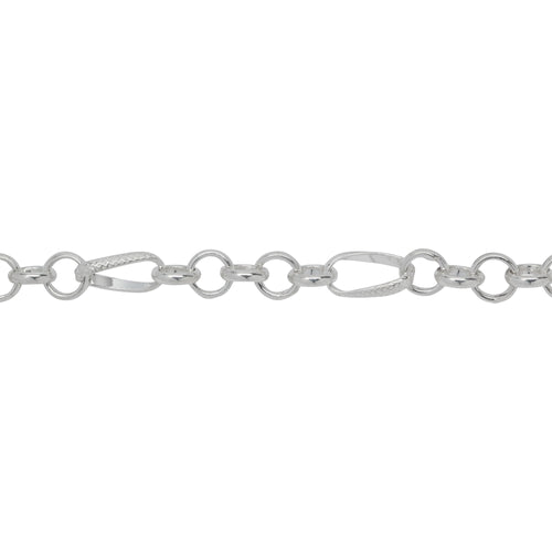 Chain by Foot. Sterling Silver Five of 6.0mm Width / Length Rolo Links Connected to One of 6.0mm Width by 10.8mm Length slightly Twisted Textured Oval Rolo Link, Rolo Chain. Price per: 1 Foot.