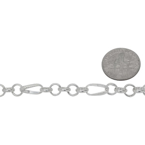 Sterling Silver Five of 6.0mm Width / Length Rolo Links Connected to One of 6.0mm Width by 10.8mm Length slightly Twisted Textured Oval Rolo Link, Rolo Chain. Price per: 1 Foot.