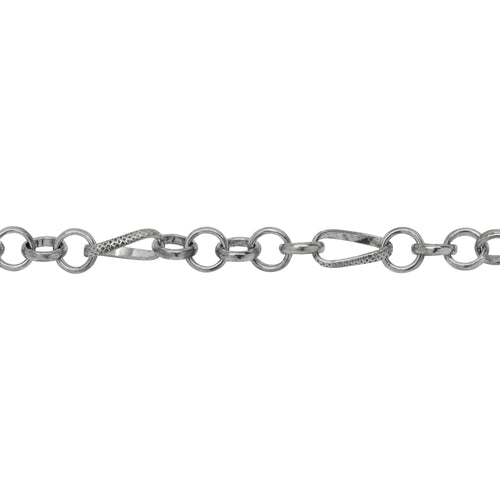 Chain by Foot. Sterling Silver Oxidized Five of 6.0mm Width / Length Rolo Links Connected to One of 6.0mm Width by 10.8mm Length slightly Twisted Textured Oval Rolo Link, Rolo Chain. Price per: 1 Foot.