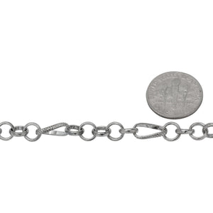 Sterling Silver Oxidized Five of 6.0mm Width / Length Rolo Links Connected to One of 6.0mm Width by 10.8mm Length slightly Twisted Textured Oval Rolo Link, Rolo Chain. Price per: 1 Foot.