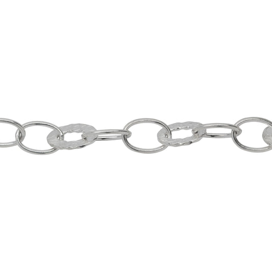 Chain by Foot. Sterling Silver Two of 8.3mm Width by 11.8mm Length Smooth Oval Links Followed by One of 9.0mm Width by 12.0mm Length Hammered Oval Link, Cable Chain. Price per: 1 Foot.