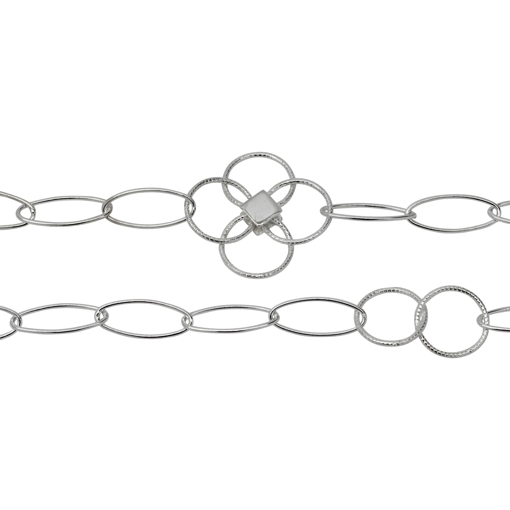 Chain by Foot. Sterling Silver Five 7.0mm Width by 17.0mm Length Paper Clip Links Connected to 25.0mm Width / Length Textured Flower and Two of 12.5mm Textured Circle Links, Fancy Chain. Price per: 1 Foot.